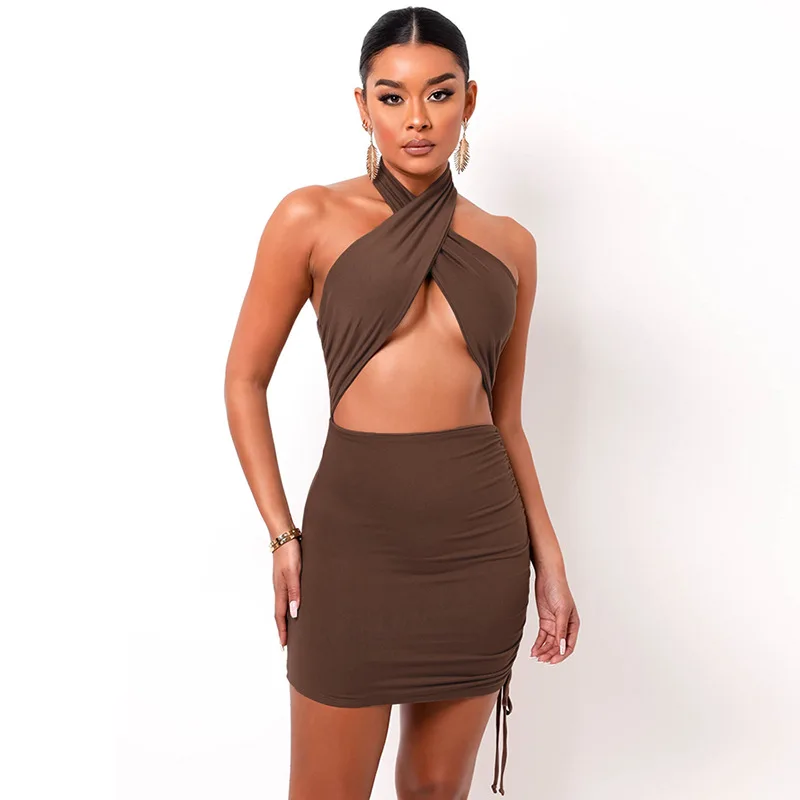 

Summer New Women Clothing 2021 Off-Shoulder Drawstring Halter club Mini Dress Hollow Out Backless Black Sexy Casual Dresses, Photo color