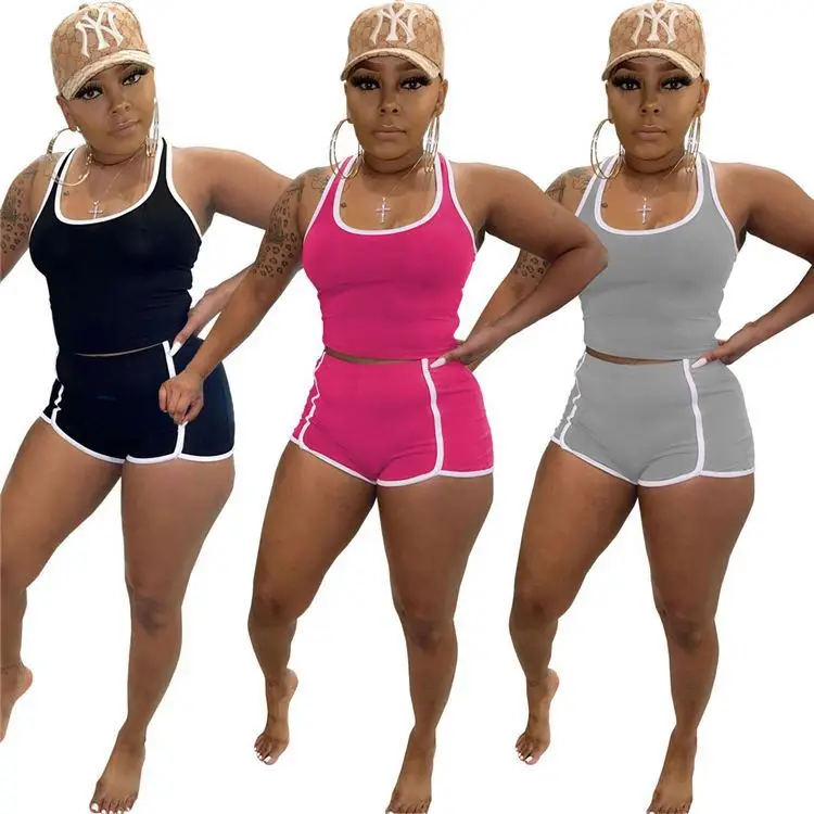 

PEARL Wholesale Sexy Solid Color Splicing Sport Sleeveless Vest And Shorts Two Piece Pants Set Women Clothing