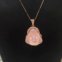 

Fashion natural pink quartz crystal carving gold buddha pendant necklace for women