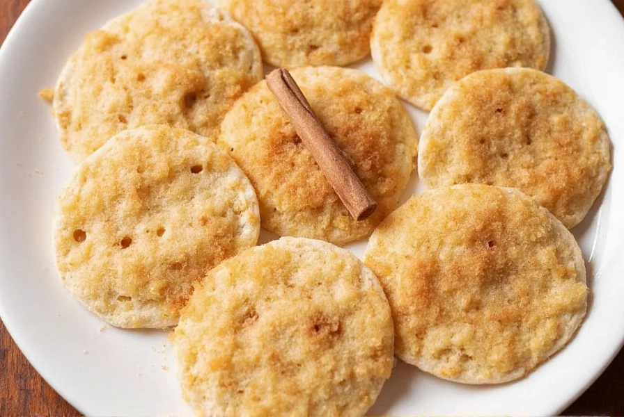 Homemade cinnamon sugar tortilla chips arranged in a circular pattern on white ceramic plate with cinnamon stick and sugar sprinkle