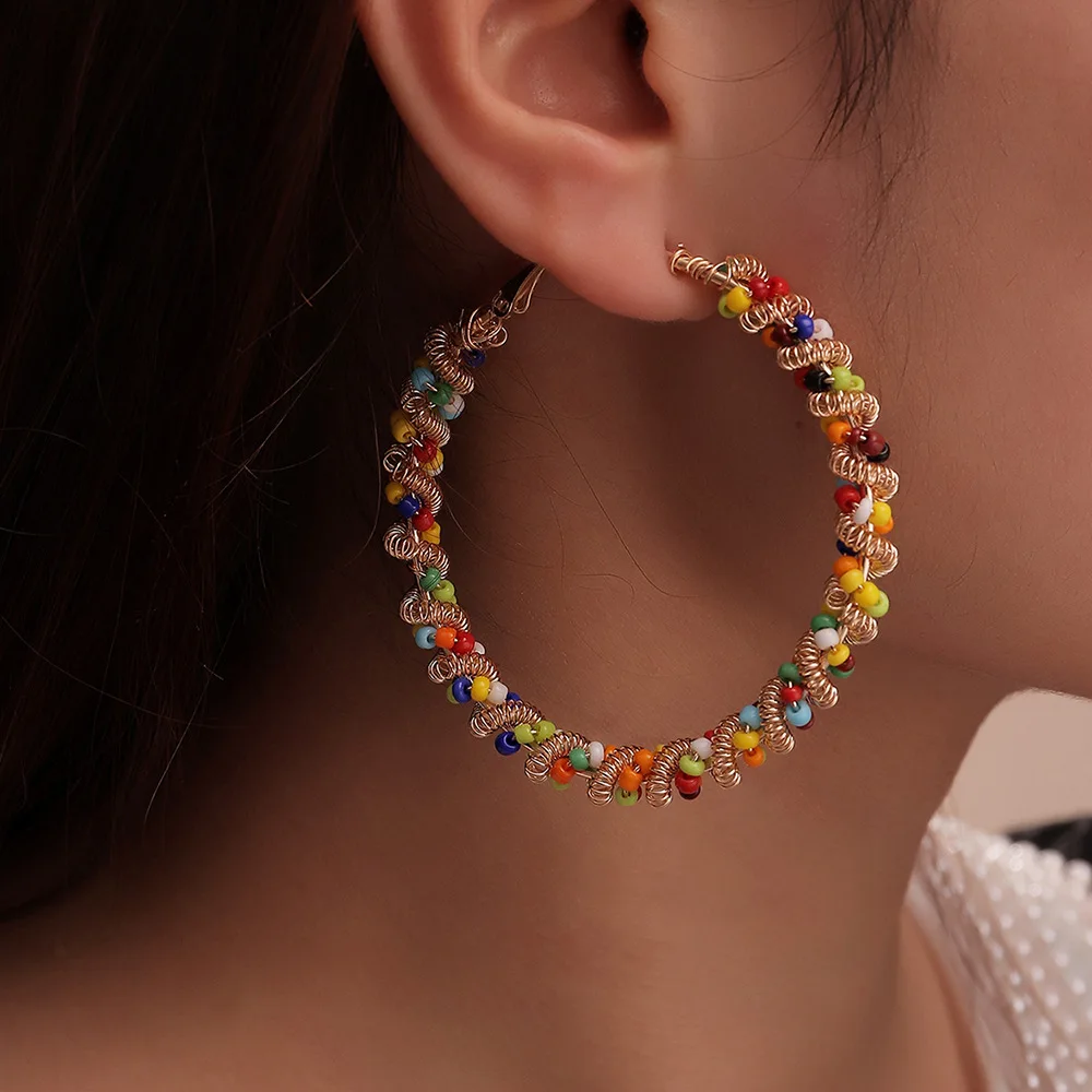 

Fashion Statement Colorful Beads Handmade Charm Earrings New Big Circle Round Hoop Earrings For Women