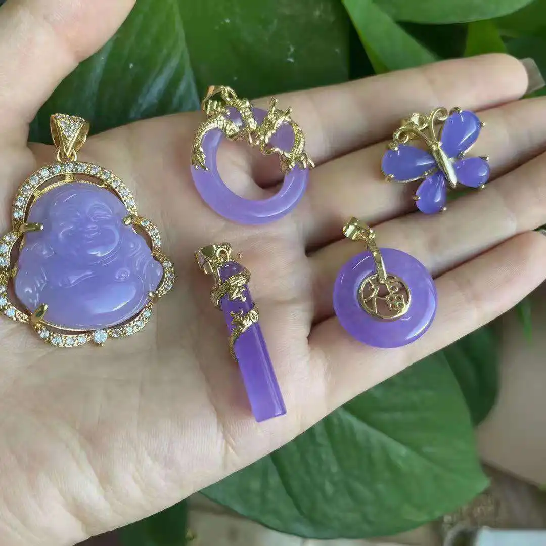 

New Charm Lavender Jade Jewelry Necklaces 18k Gold Plated Jade Butterfly Dragon Laughing Buddha Pendant Necklace