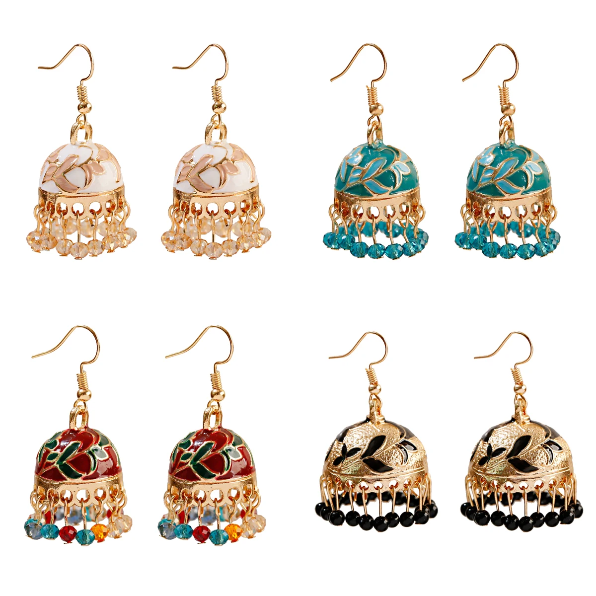 

4 Pairs/set Jhumki Jhumka Earrings Oxidized Bollywood Round Bell Tassel for Women Vintage Bells Tassel Dangle Ethnic Traditional, Gold & silver