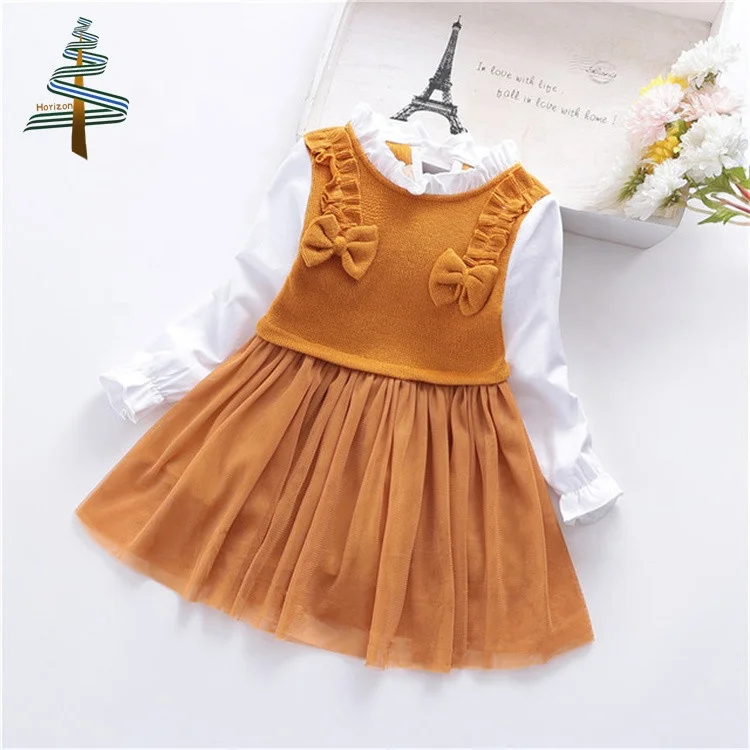 

New Arrival Spring Autumn Toddler Kids Party Dress Ruffles Double Bowknot Long Sleeve Stitching Mesh Princess Dress For Girls