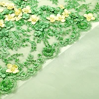 

2019 Hot Sale Chantilly Green Beaded Lace Fabric, Rhinestone Beaded Green Lace Fabric with Yellow Flower