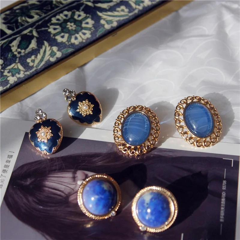 

Wholesale vintage enamel gemstone gold plated S925 pins stud clip earrings jewelry