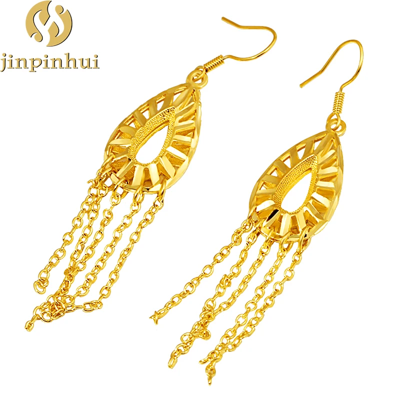 

Jinpinhui jewelry Copper-plated 24K gold flower long ladies earrings cross-border Vietnam sand gold hollow tassel earrings