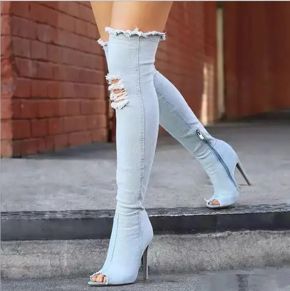 

Stylish peep toe designer womens shoes denim long boots winter and autumn high heel cowboy boots for women, As picture shows