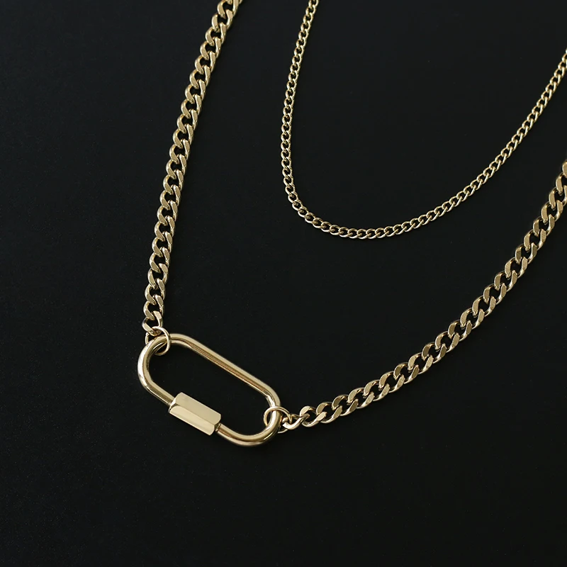 

Hip Hop Style Double Layering Carabiner Pendant Couple Necklace Cuba Necklace Stainless Steel Jewelry Wholesale 2021, Gold color