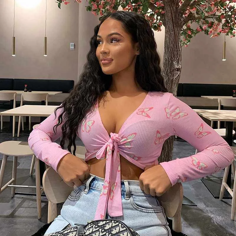 

Hot Summer Sexy Crop Top Print Long Sleeve Bandage V-neck Shirt For Young Girl And Women Sweet Cute Pink T-shirt