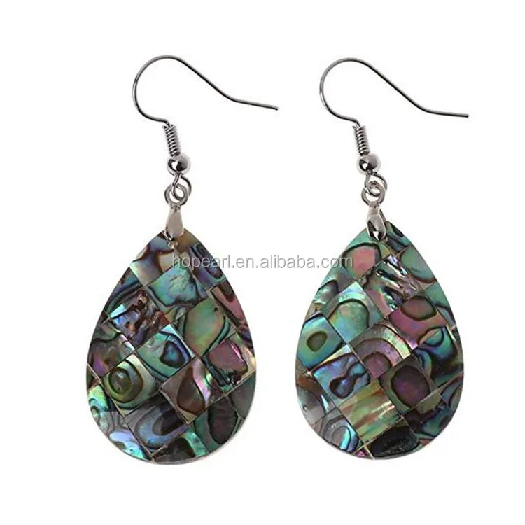 

MOP78 Teardrop Shape Plaid Mosaic Paua Abalone Natural Sea Shell Water Drop Earrings