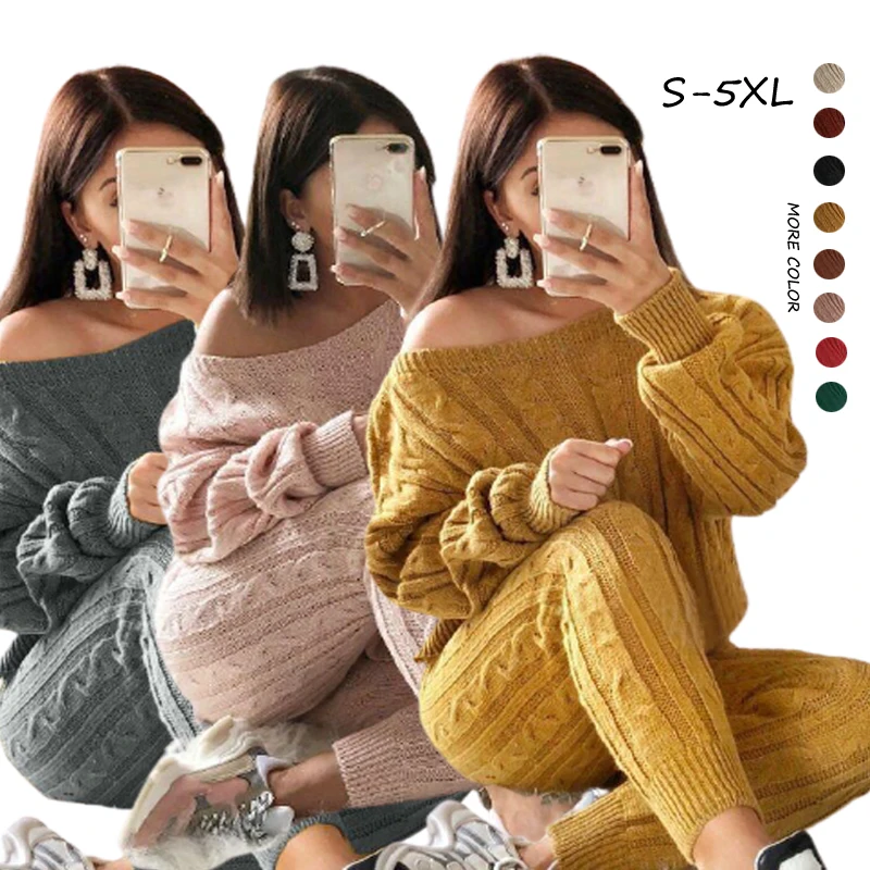 

New Plus Size  Multi-color Sweater suit comfortable sweater solid color women knit sweater 2 piece set, Picture color
