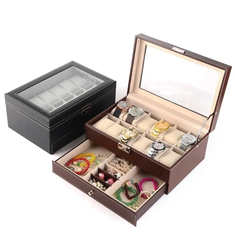 

Luxury Black Wooden Watch Box Leather Jewelry Case Glasses Display Organizer 12 Slots Watch Travel Case, Customized color