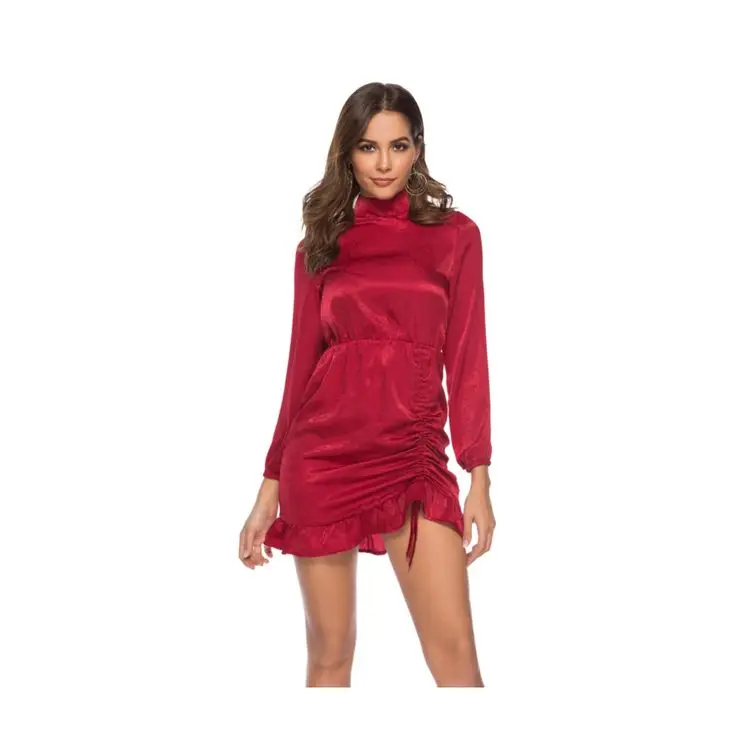 

2021 new product red ladies casual party dresses womens long sleeves stand collar ultrashort dress