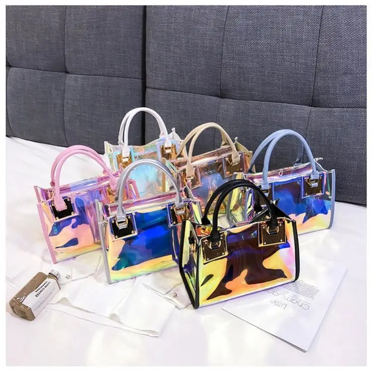 

2021 Hot Selling Laser Clear Purses Sets Fashion Transparent Handbag Women PVC Holographic Jelly Purses Handbags in Bulk, 11 colors
