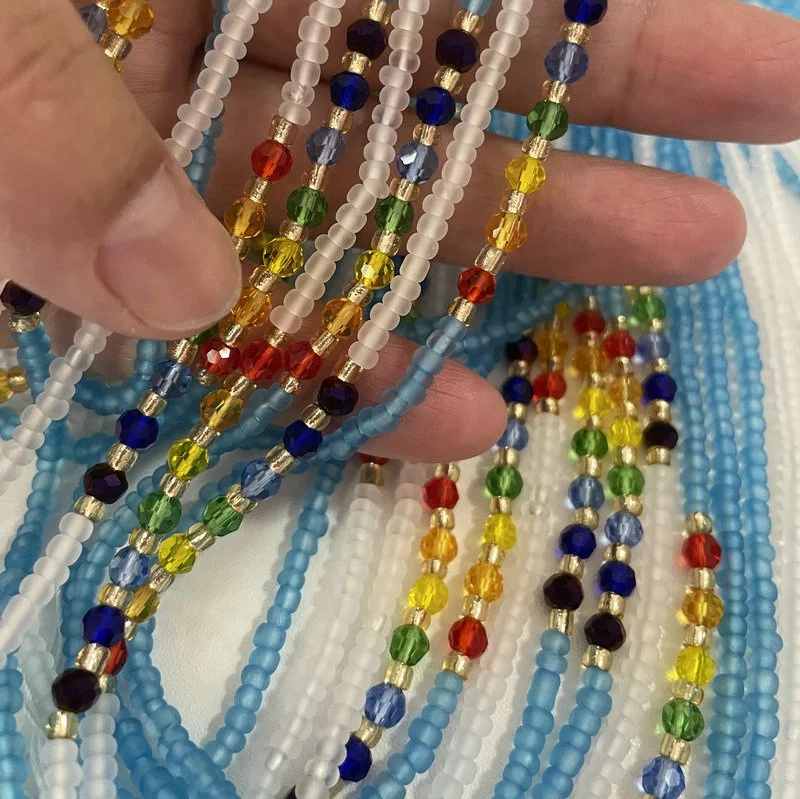 

Wholesale 50 inch sparkling weight loss cotton thread string tie on belly chain ghana glass chakra raw crystal waist beads bulk, Colorful
