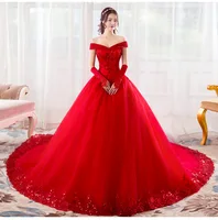 

Boat Neck baju pengantin traditional China Bondage Long Tail Red Chinese Wedding Dress