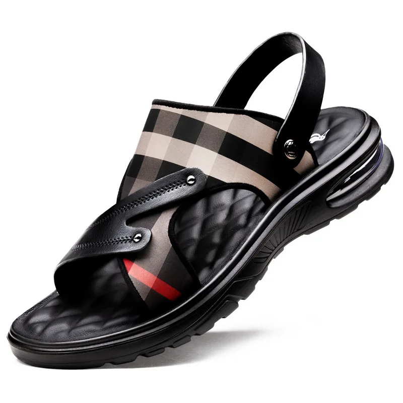 

High Quality Costom Leather slippers Casual Men Spring Flat Casual slide sandal and flip-flops slippers beach shoes, Black, brown