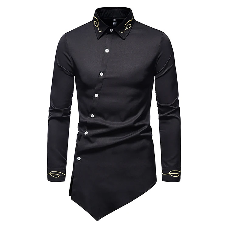 

Embroidery Turndown Collar Slant Button Down Long Sleeve Shirts Man Outfits Clothing For Office -PT, White,wine red,black,navy green