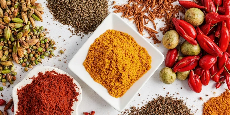 Ginger, turmeric, cinnamon, and cardamom laid out in vibrant hues.