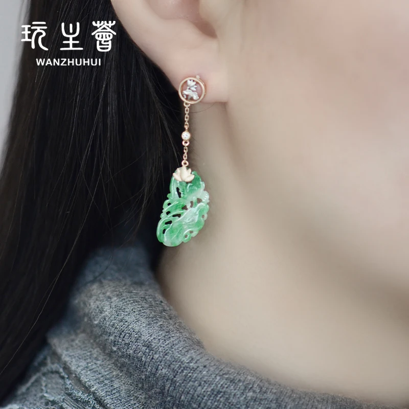 

Hot fashion hollow out pure gold jade lotus drop earring