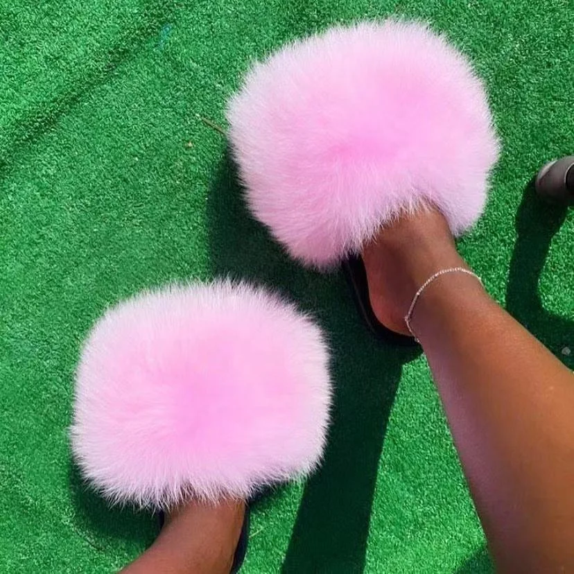 

Hot Sale Deaigner Summer Fox Fur Sandals Slippers Fluffy Full Coverage Hot Pink Fur Slides For Women