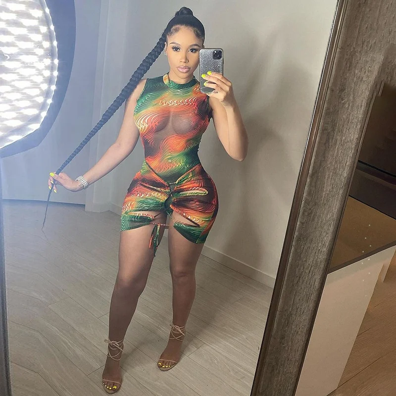 

2021 New Arrivals Women Summer Mesh Printed Sexy Two Piece Outfits Sleeveless Bodysuit Clubwear Skirt