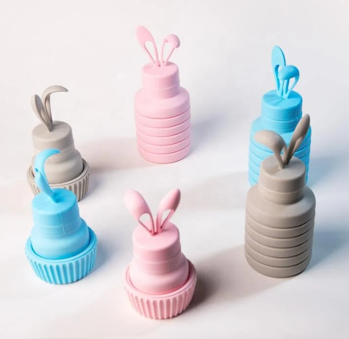 

Eco-Friendly Reusable Silicone Collapsible Water Bottle Leak-Proof Retractable Silicone Drinking Kettle Rabbit Ear, Customized color