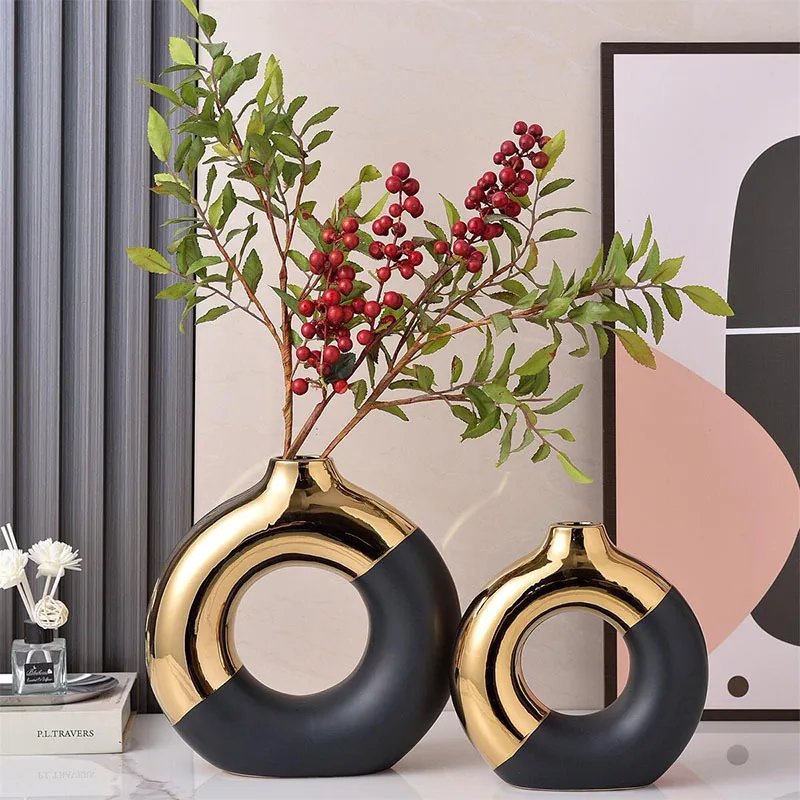 

Creative Doughnut Shaped Vase Home Decor European Style Living Room Desktop Accessories Round Ceramic Crafts Garden Decoration