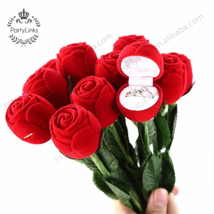 Rose Flower Flocking Ring Box Holder Wedding Valentine Gift Packing Case 