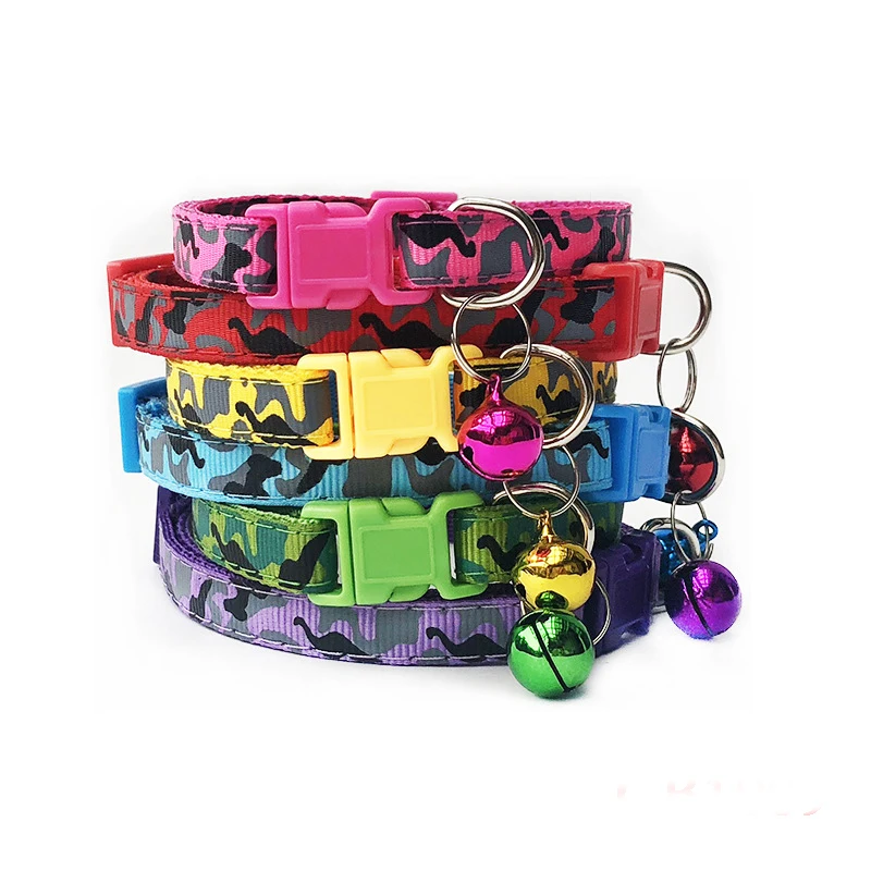 

Cats Dog Collar With Bell Camo Camouflage Print Neck Strap Polyester Adjustable Buckle Kitten Puppy Pet Leash Animal Accessories, Purple,green,pink,red,yellow,blue, brown