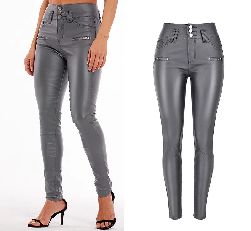 

wholesale fashion winter stretchy skinny women high waist fitted gray skinny leather pants, Picture