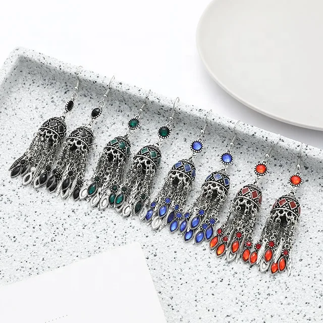 

ADELANTE Retro Court Bohemian Lantern Temperament Alloy Oil Tassel Earrings, Black, red, military green, boran