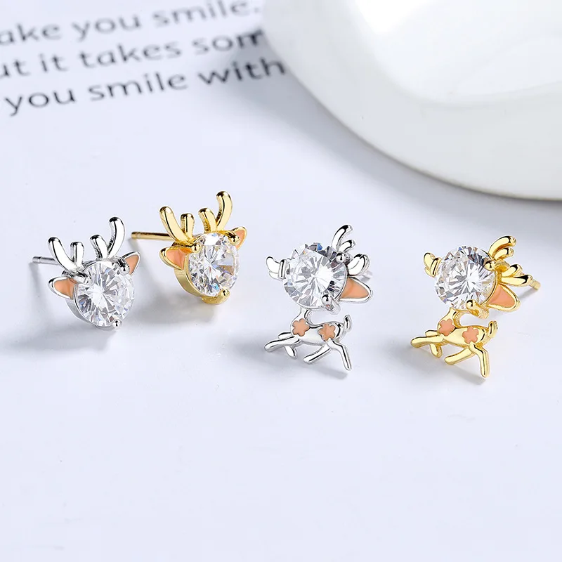 

Carline Christmas cute elk asymmetrical stud earrings for women 925 sterling silver inlay zircon antlers holiday gifts jewelry