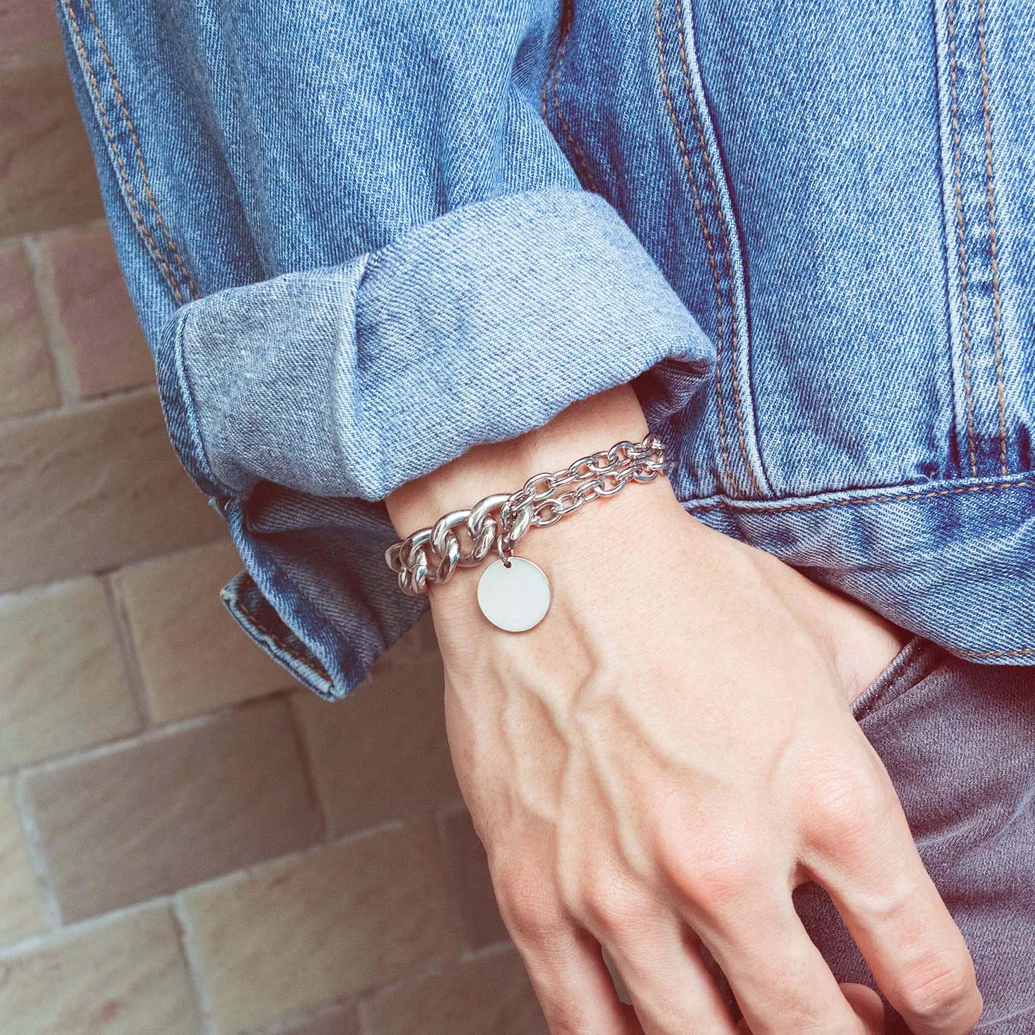 

Fashion Silver Bracelet Rock Hip Hop Men Link Chain Stainless Steel Round Coin Charm Bracelet for Gifts, Silver color