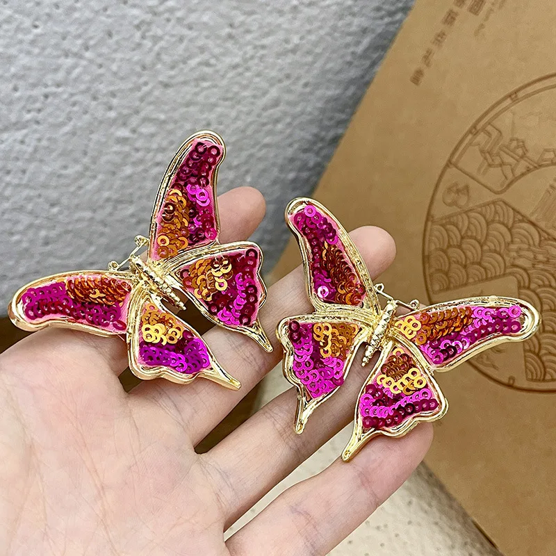 

Vintage Dinner Party Pink Beaded Earring Manguito De Oreja Wedding Luxurious Shiny Sequin Butterfly Stud Earrings