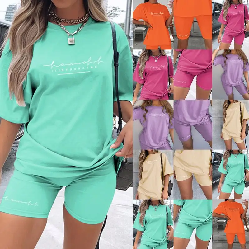 

Women Tops High Waist Legging Pants Shorts tracksuit Solid Color Women Outfits Short Sleeve Biker Shorts T Shirts Set, 5 colors