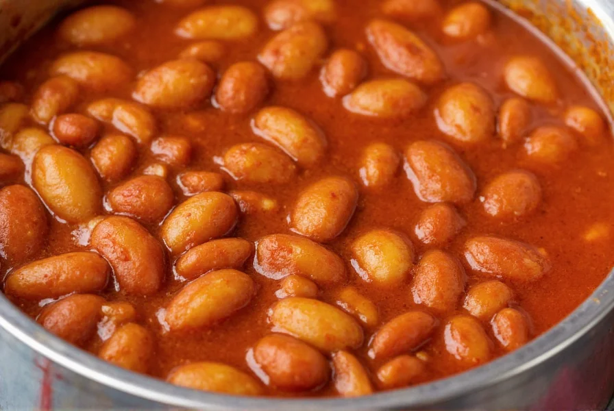 Close-up view of canned chili beans showing textured pinto beans in rich tomato-based sauce with visible spices like cumin seeds and chili flakes