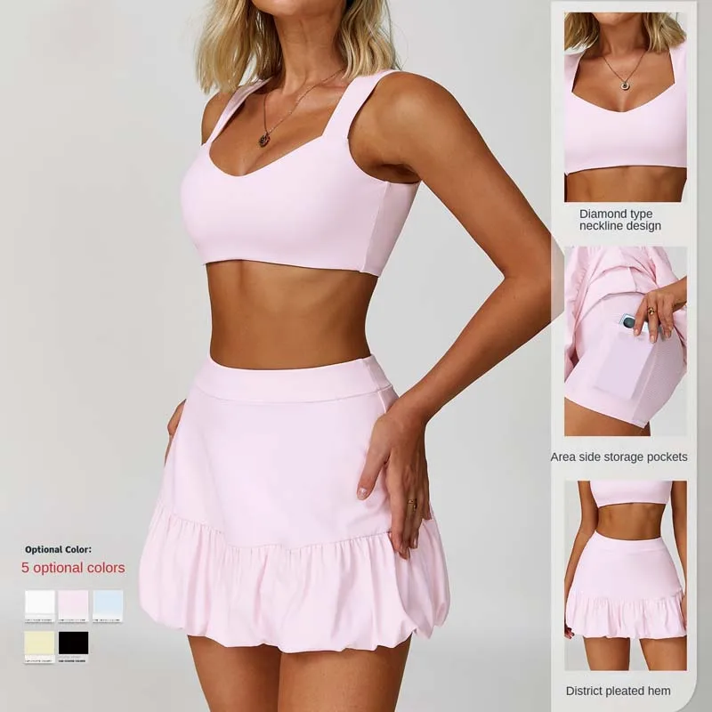 SHINBENE 2Pcs Womens Workout Sets Tennis Dress Built in Shorts Tank Top and Skort Set with Pocket