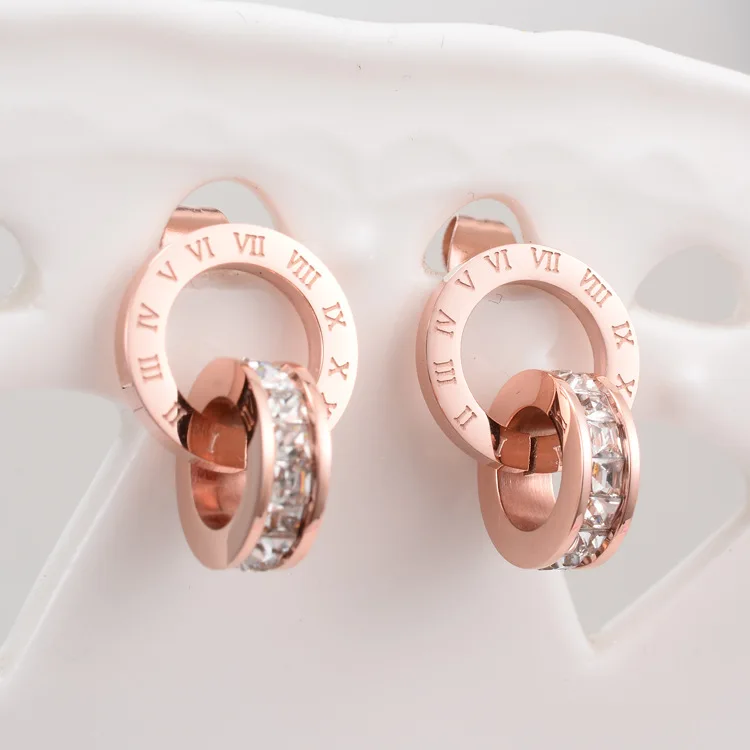

Top Brand High Quality Titanium Steel Double Wound Crystal Stud Roman Numerals Earrings For Women Gift Jewelry, Gold