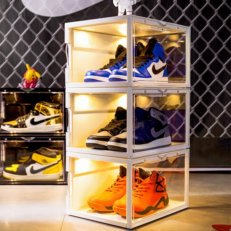 

wholesale led shoe boxes jordan drop front shoes rack box packaging adidas cabinet storage with magnetic door for men boxes, Transparent and black