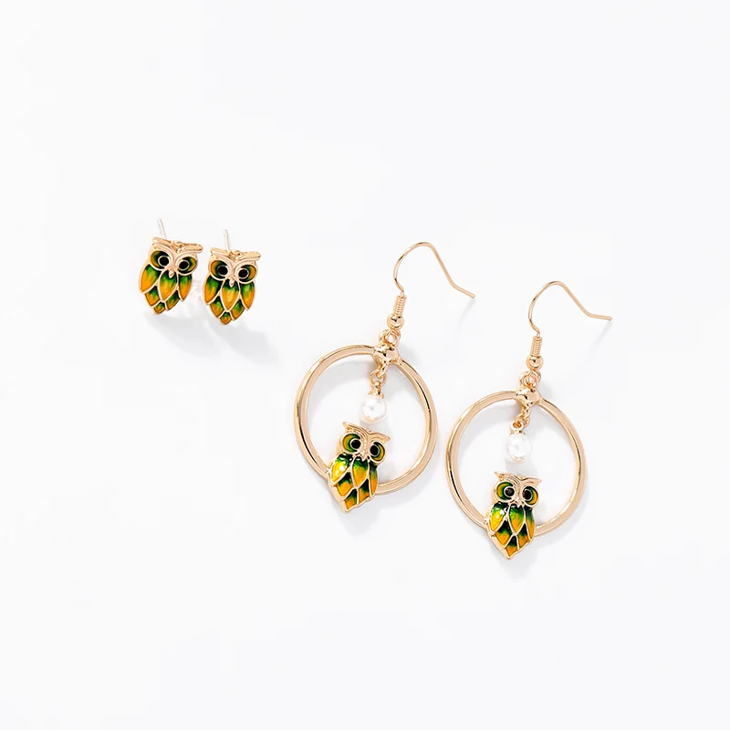 

e9112316 Long Fairy Cute Lovely Owl Yellow Green Purple Enamel Crystal Pearl Jewelry Gold Circle Hoop Animal Stud Earrings