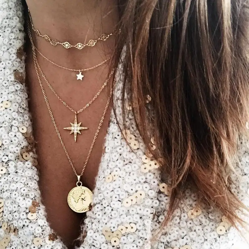 

Fashion star 3 - layer round coin Meteor necklace multi - layer combination pendant necklace