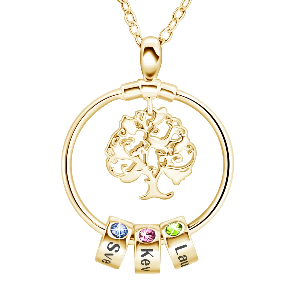 

Customized Family Tree Pendant Necklace With Circle and engraved birthstone name beads