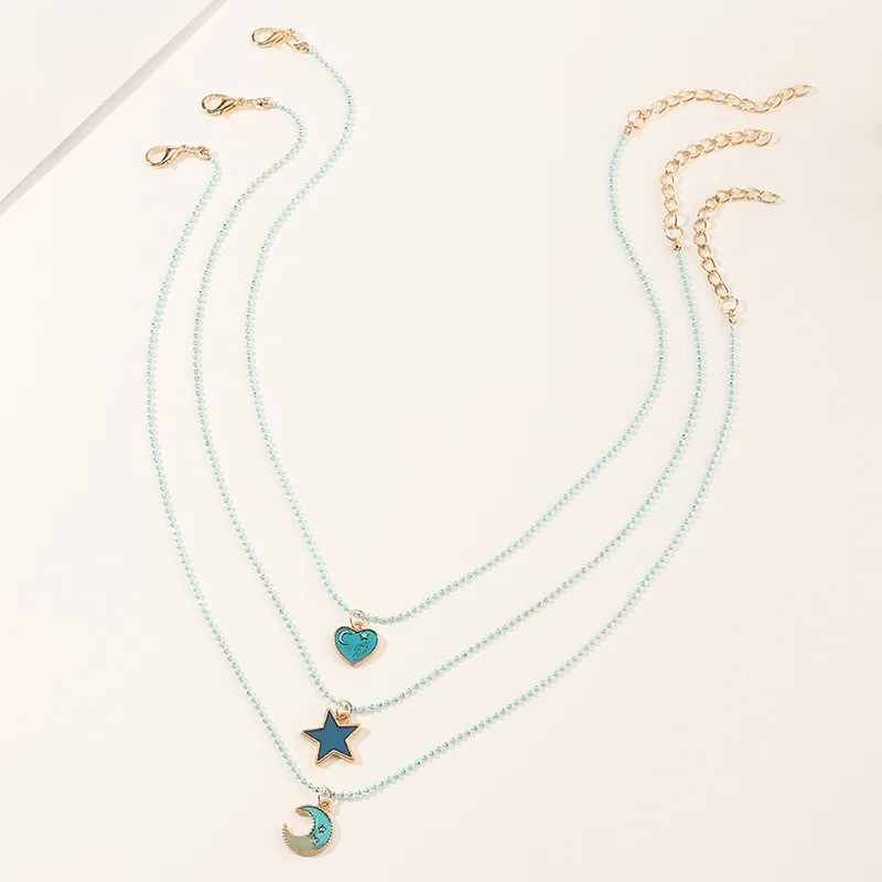 

Mgirlshe Cute Blue Kids Stainless Steel Necklace Set Star Moon Heart 3 Layers set Necklaces Accessories for Kids Girls