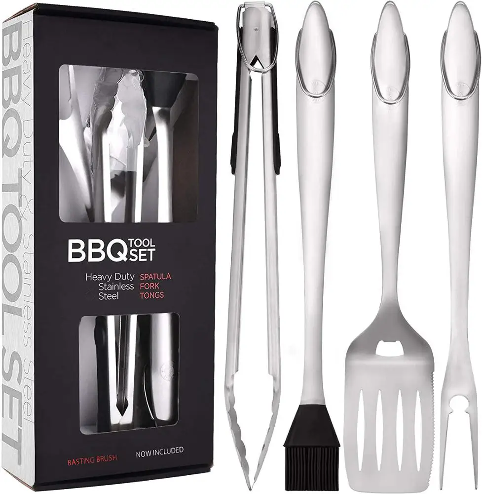 

BBQ Grilling Tools Set. Extra Thick Stainless Steel Spatula, Fork, Basting Brush & Tongs.