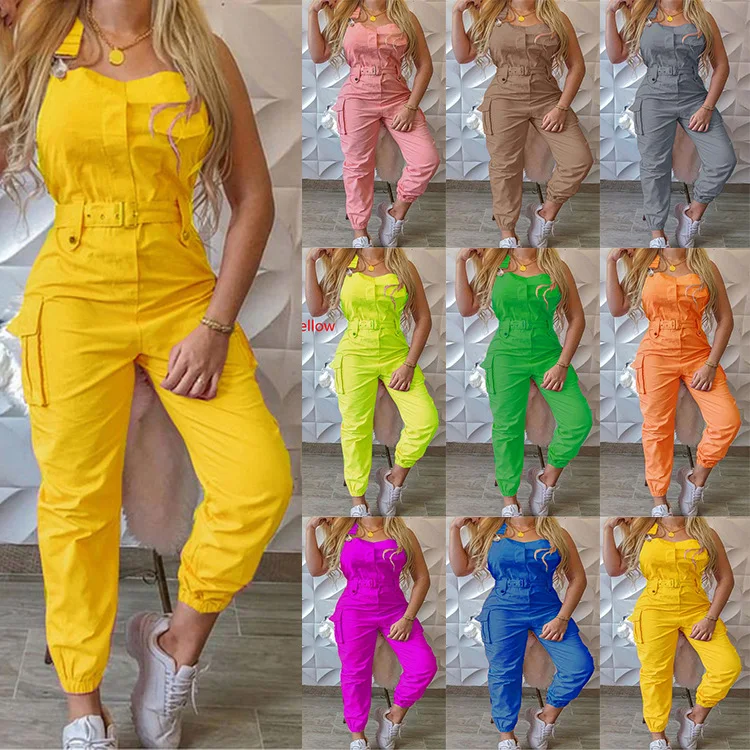 

2021 Wish ladies tooling jumpsuit with belt cool girl sleeveless feet pants candy fashion Casual overalls, As shown