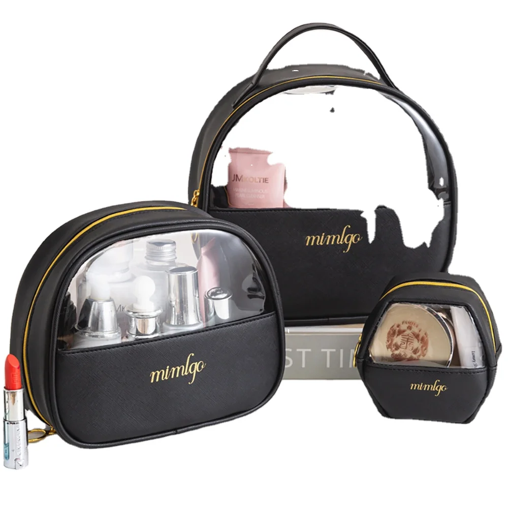 

Women semicircle portabl Makeup Kit Set Cosmetic Pouch Plastic TSA Clear TPU PVC Waterproof Travel Make up Bag Toiletry Purse, Black, pink.