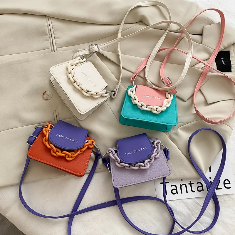 

New Arrivals Wholesale Fashion Youth Small Square Acrylic Chain Purse PU Leather Crossbody Women Mini Bags Handbags For Girls, 4colors