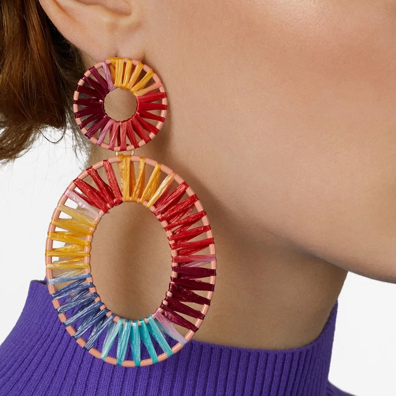 

HANSIDON Colorful Raffia Handmade Bohemian Earrings For Women Big Oval Dangle Earrings Statement Fashion Jewelry, Multicolor